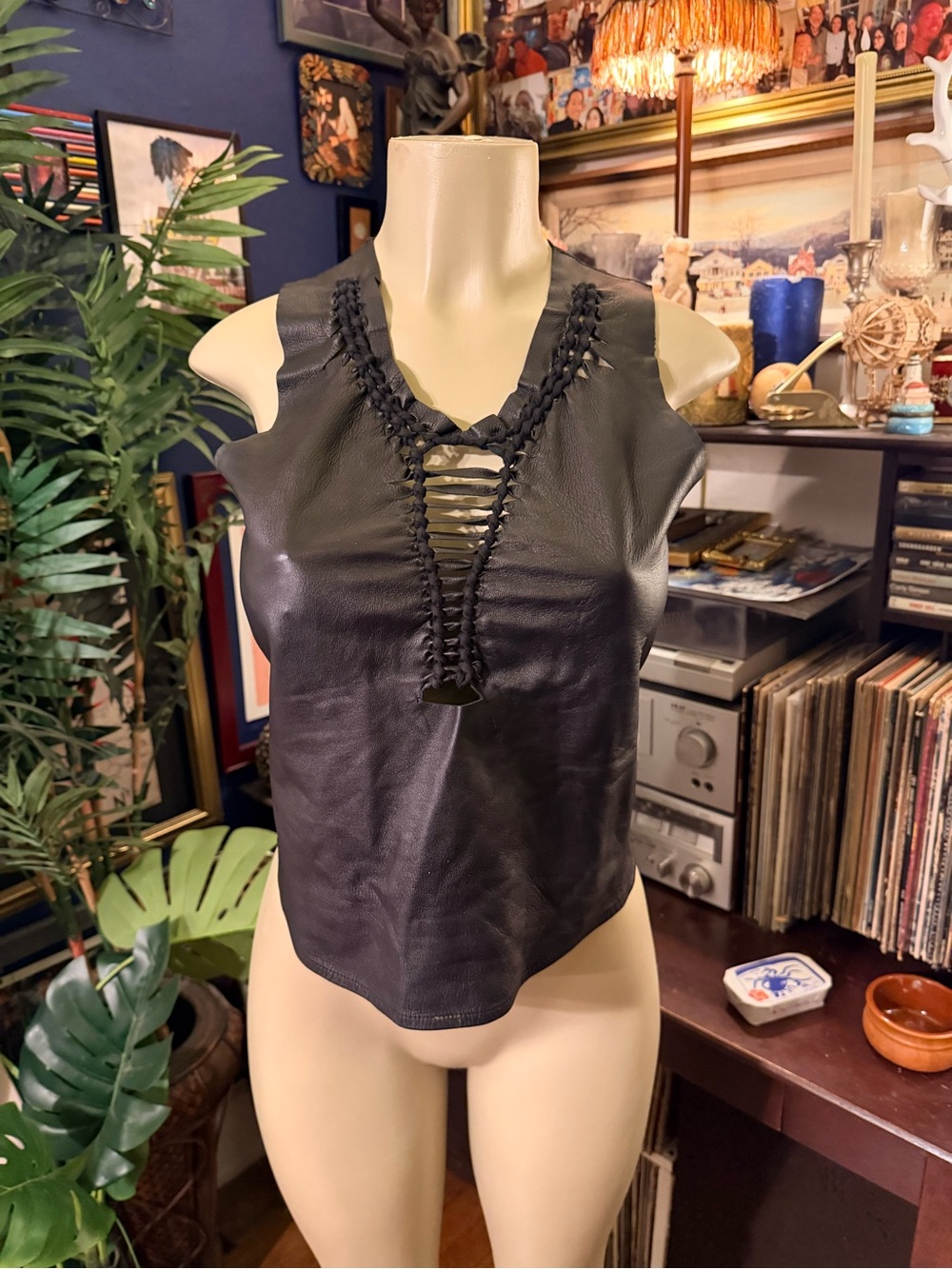 Black Leather Sleeveless Tank Top with Braided V-Neck